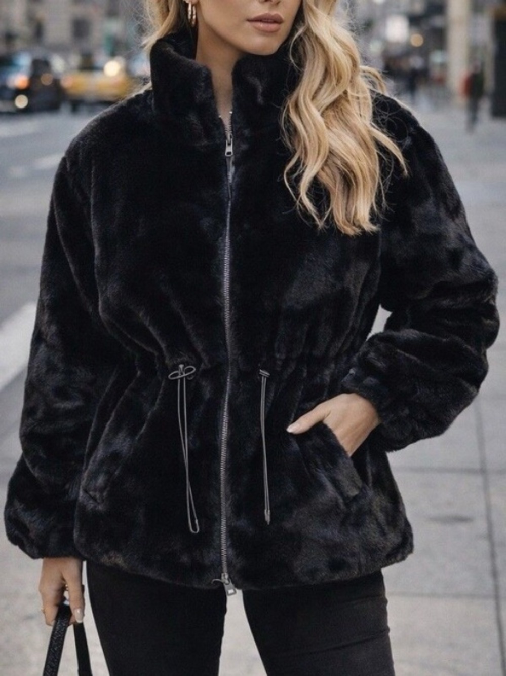 Zara Black XS Faux Fur Zip Front Cinch  Waist Jacket Coat